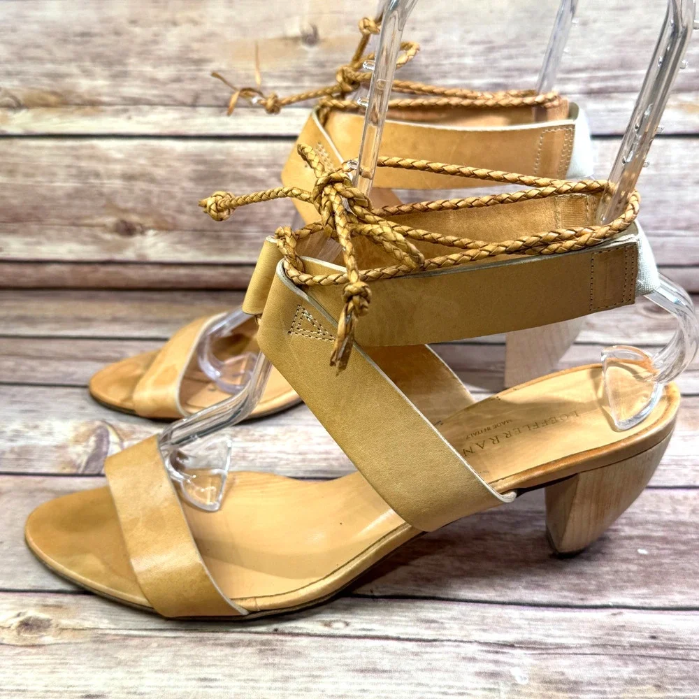 Loeffler Randall Womens Tan Leather Wooden Heel Open Toe Sandals 10